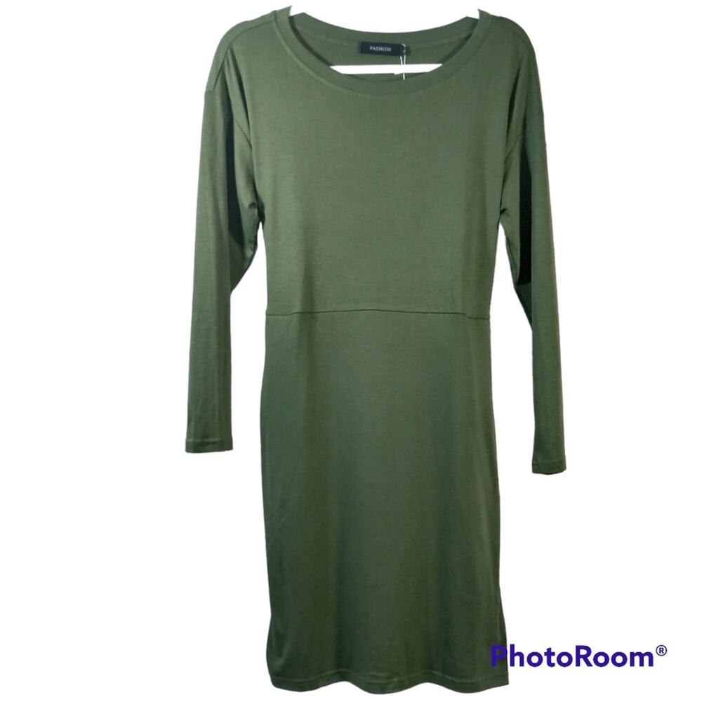 Merokeety Fashion Green Long Sleeve Dress With Pockets  Size Small